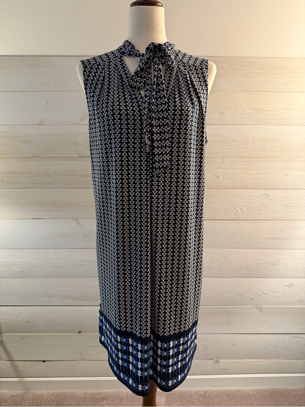 Max Studio Navy and White Tie-Neck Midi Dress